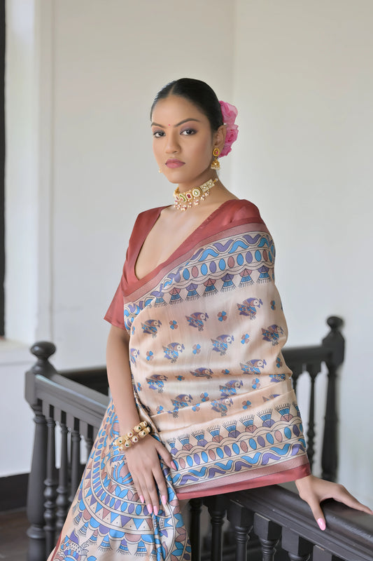 Woman wearing a beige saree with blue block print motifs and a pink border, paired with a deep pink blouse and pearl choker, standing beside a black wooden railing in a vintage interior with stained glass windows.