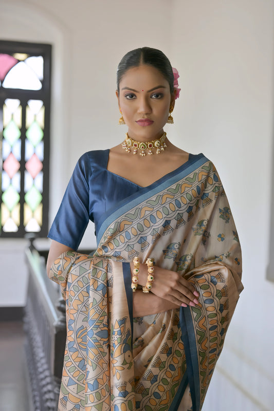Woman wearing a beige silk saree with intricate blue and gold geometric prints and a blue blouse, accessorized with a choker necklace and bangles, standing in a sunlit vintage hallway with wooden flooring, black railing, and stained glass windows.