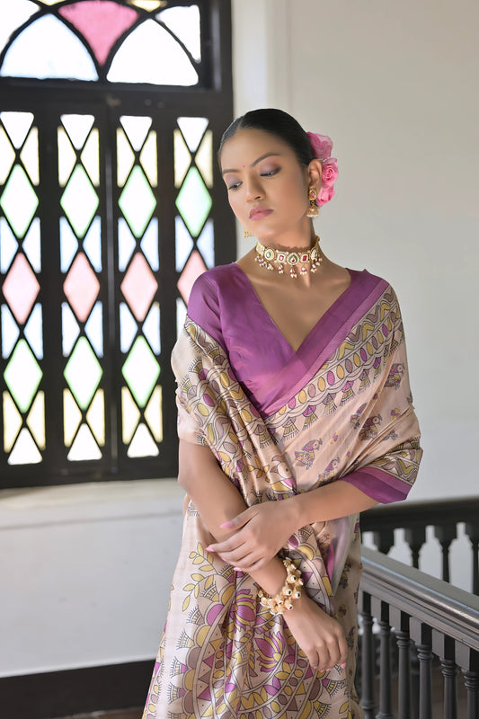 Woman wearing a beige silk saree with intricate floral motifs and a purple border, accessorized with a choker necklace and bangles, standing in a sunlit vintage interior with wooden flooring, black railing, and a window with stained glass panels.