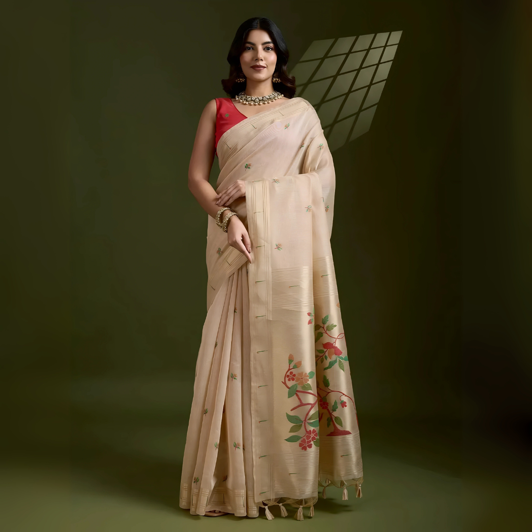  Woman wearing an elegant beige silk saree featuring delicate floral motifs and a hand-painted pallu, paired with a sleeveless red blouse and traditional jewelry, gracefully posing in a modern studio with olive green walls and patterned window light.