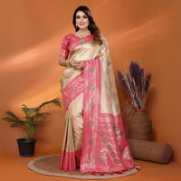 Beige & Pink Paithani Woven Banarasi Silk Saree