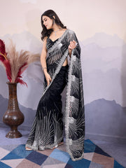 Black Embroidery With Sequins Work Twill Net Saree