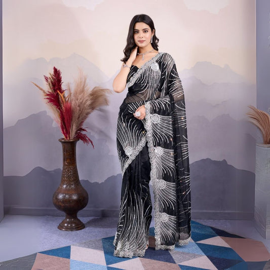 Black saree with embroidery and sequence work featuring intricate designs