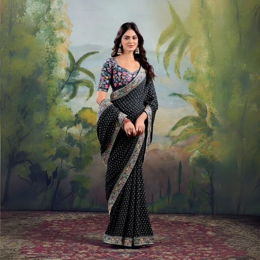 Woman wearing black saree with floral embroidered border and matching blouse in studio backdrop