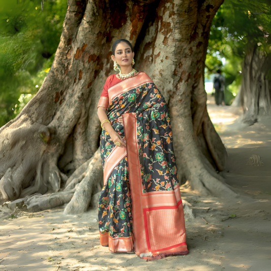 Woman wearing a black silk saree with vibrant multicolor floral motifs and a contrasting coral pink border, paired with a matching blouse and traditional jewelry, elegantly standing in front of a large, ancient tree with exposed roots in a serene outdoor setting.