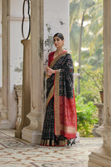 Woman draped in elegant black Pochampali Ikkat saree with zari weaving, styled gracefully on a vintage balcony