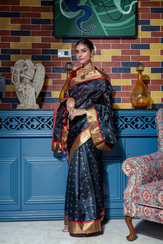 Black saree with zari work and gold red border indoors