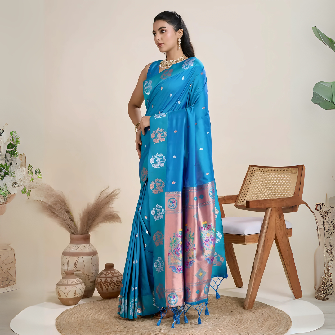Woman wearing a vibrant blue silk saree with intricate pink and silver woven border and pallu, paired with a matching blouse and gold jewelry, elegantly posing beside a wooden chair in a minimalist studio setting with neutral decor, ceramic vases, and pampas grass.

Related
blue-silk-saree-pink-border-modern-studio
Woman in a vibrant blue silk saree with pink border and intricate details in a modern studio setting.