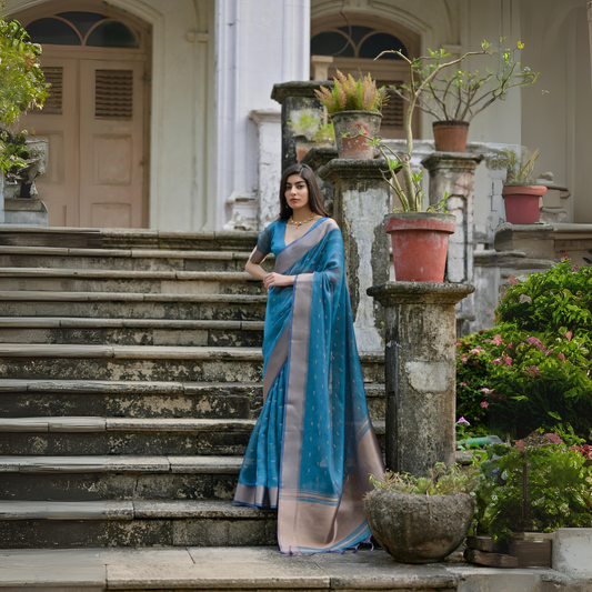 Woman wearing a blue silk saree with a silver border and subtle woven motifs, paired with a matching blouse, standing on the stone steps of a heritage mansion surrounded by potted plants and lush greenery.
