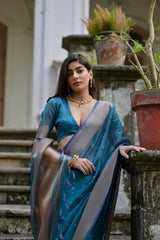 Woman wearing a blue silk saree with a silver border and subtle woven motifs, paired with a matching blouse, standing on the stone steps of a heritage mansion surrounded by potted plants and lush greenery.