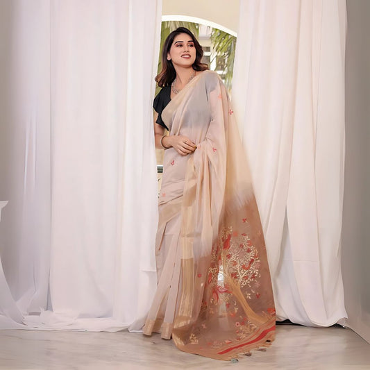 Elegant brown saree with intricate resham and zari weaving design
