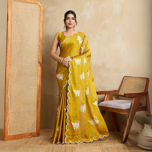 Traditional brown yellow saree crafted in luxurious rangoli silk fabric
