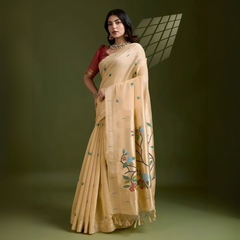  Woman wearing a cream silk saree adorned with delicate floral embroidery and tassel detailing on the pallu, paired with a red blouse and traditional jewelry, elegantly posing in a contemporary studio with olive green walls and decorative window light patterns.