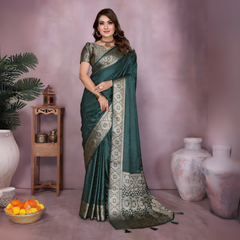 Woman wearing a dark green Banarasi silk saree featuring an ornate golden zari border and intricate circular woven motifs, paired with a matching green blouse and traditional jewelry. She poses gracefully in a modern studio setting with large white clay pots, a wooden stand adorned with brass decor, leafy green plants, and a bowl of fresh marigolds on the floor.
