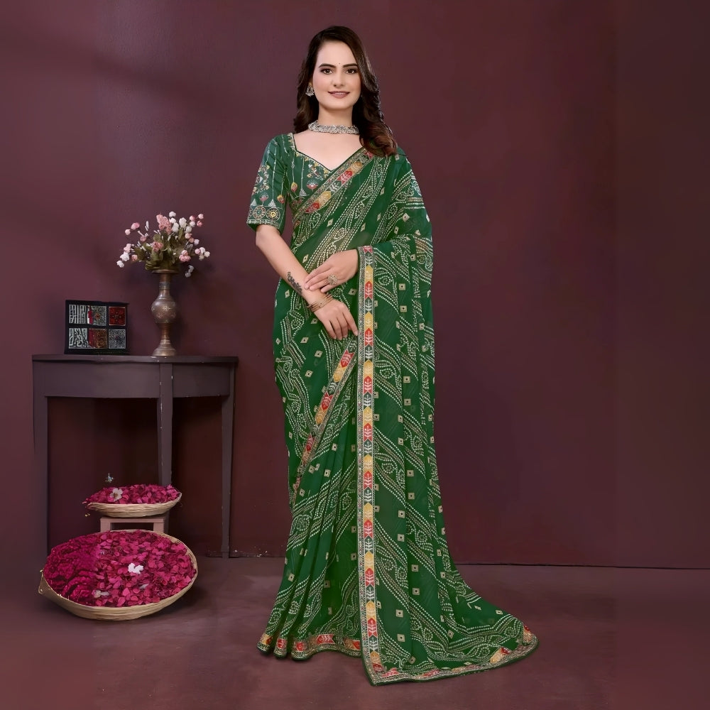 Woman wearing a dark green digital print saree with embroidery work and a contrast patterned border, paired with a matching blouse in an indoor studio product image, Indian ethnic wear