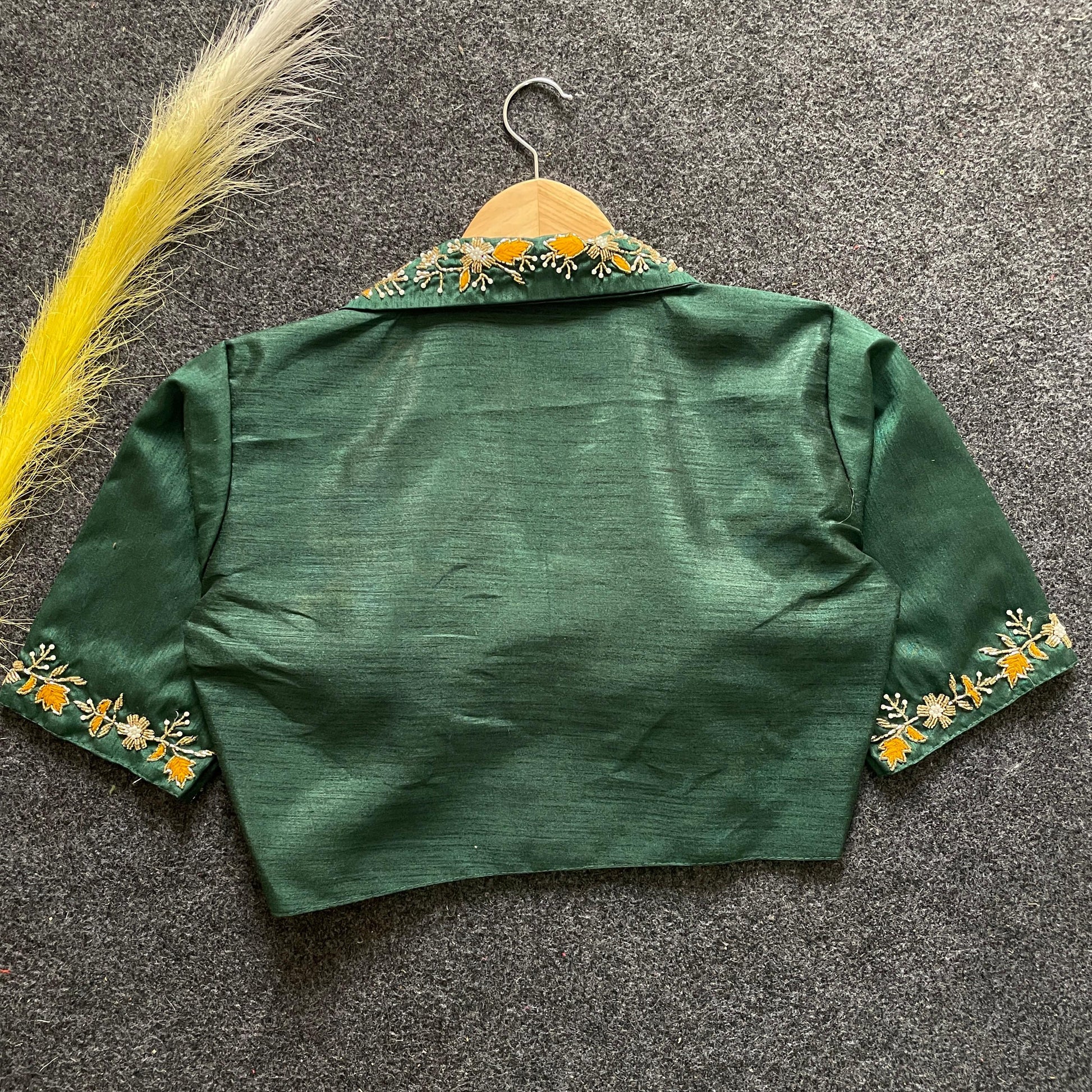 Dark green embroidery work Banglori silk blouse with intricate detailing, perfect for reception, sangeet, and festive occasions.