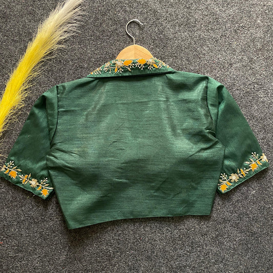 Dark green embroidery work Banglori silk blouse with intricate detailing, perfect for reception, sangeet, and festive occasions.
