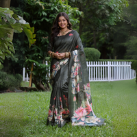Dark Green Floral Printed Soft Tussar Silk Saree