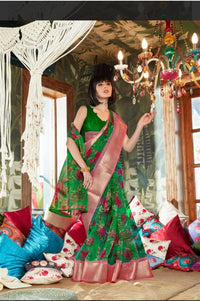 Dark Green Zari Work Organza Silk Saree