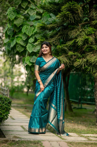 Dark Turquoise Zari Work Soft Banarasi Silk Saree