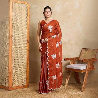 Elegant dark pastel red saree made from smooth rangoli silk fabric