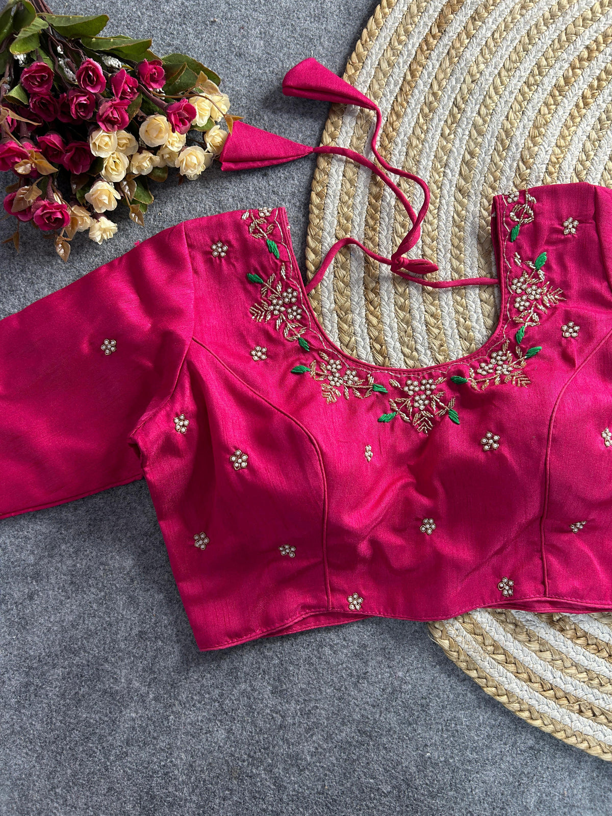 Dark pink floral embroidery Banglori silk blouse with intricate design, ideal for traditional and festive occasions.