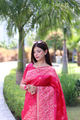 Woman in dark pink saree with traditional weaving design standing gracefully in garden surroundings