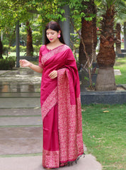 Dark Pink Warli Weaving Soft Banglori Raw Silk Saree crafted with intricate handloom design, perfect for traditional occasions like reception, sangeet, and festive celebrations.