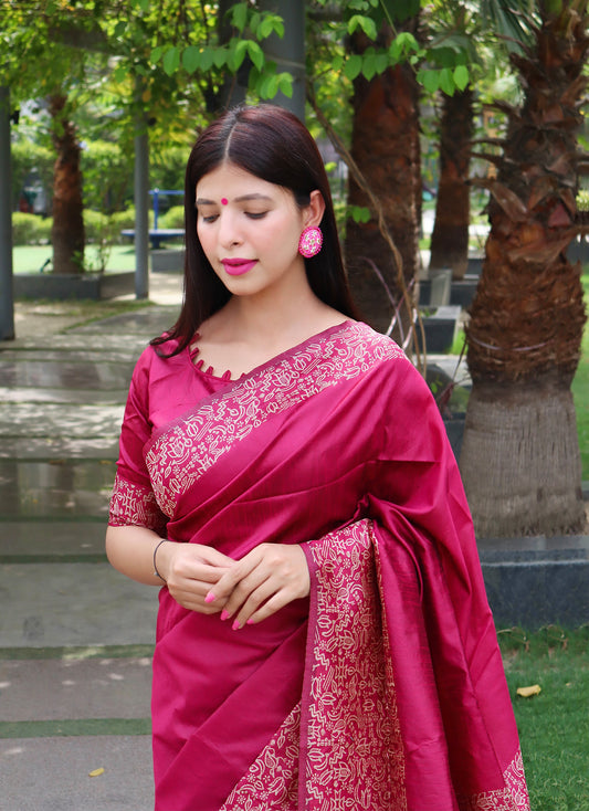 Dark Pink Warli Weaving Soft Banglori Raw Silk Saree crafted with intricate handloom design, perfect for traditional occasions like reception, sangeet, and festive celebrations.