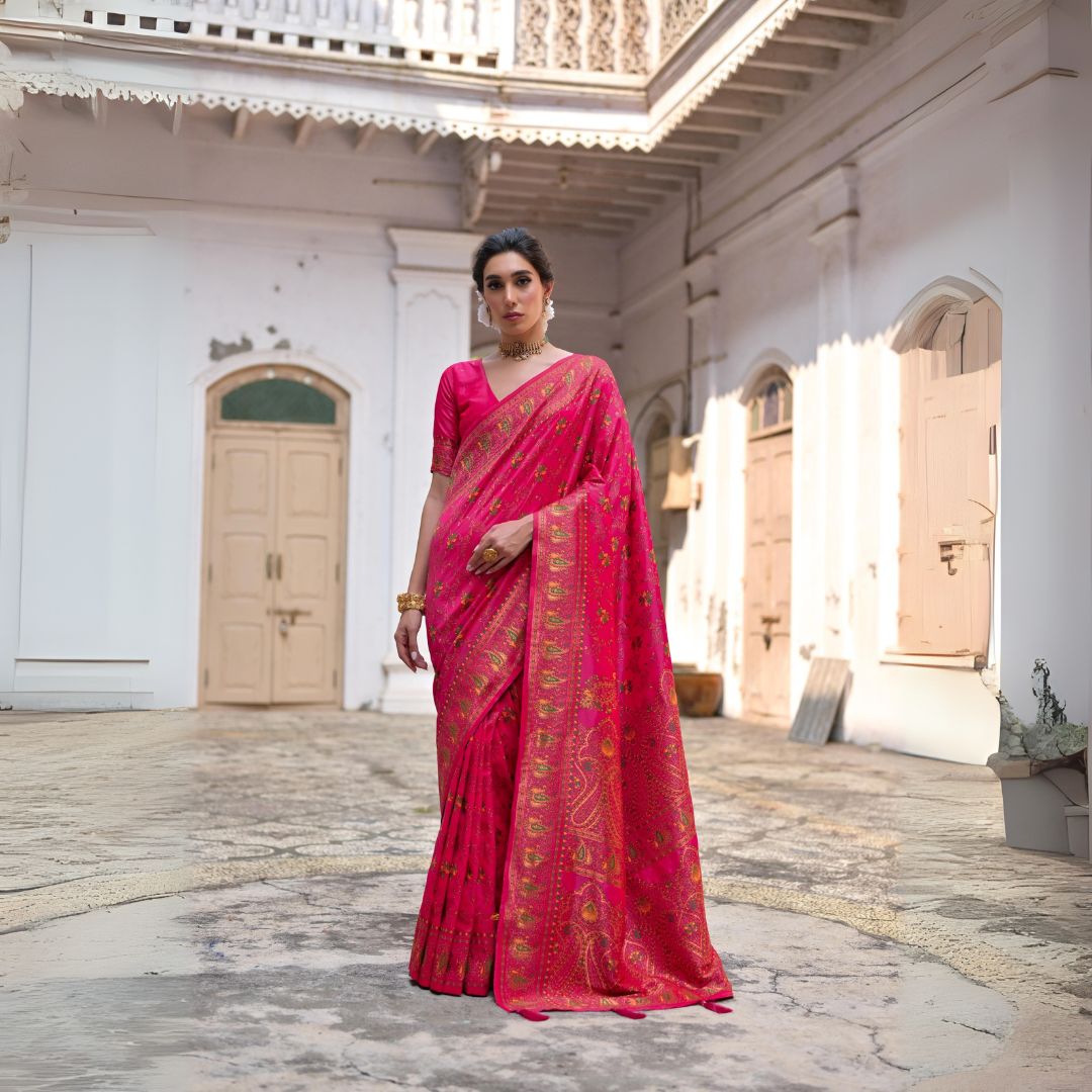 Dark Pink Pashmina Silk Saree with Zari Work