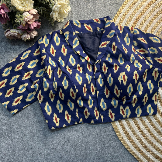 Deep Navy Blue Ajrakh Print Cotton Blouse featuring intricate traditional patterns, blending elegance and heritage for a timeless fashion statement.