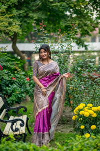 Deep Purple Madhubani Print Soft Tusar Silk Saree