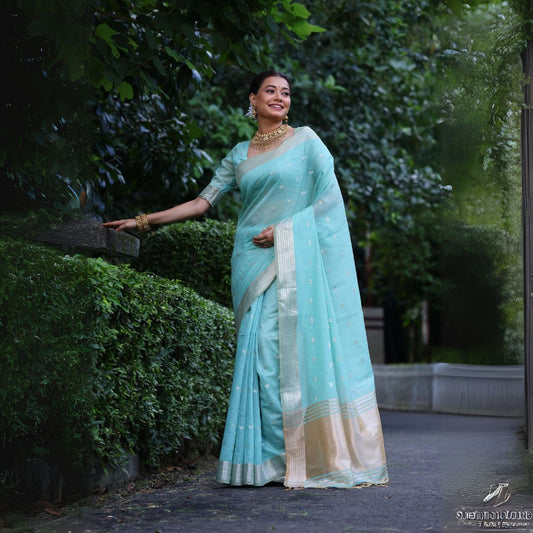 Powder Blue Zari Work Maheshwari Tissue Silk Saree