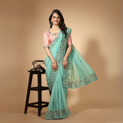 Elegant Crunchy Soft Organza Saree with C-Pallu Embroidery Border