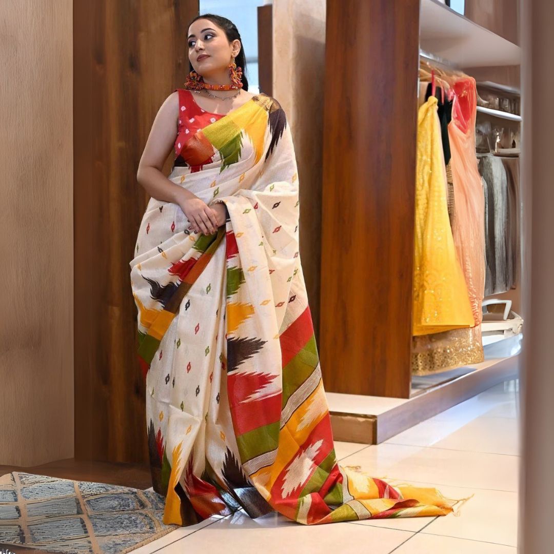 Off White Jaipur Block Print Soft Cotton Saree