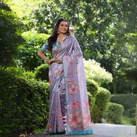 Lavender Floral Print Soft Tussar Silk Saree