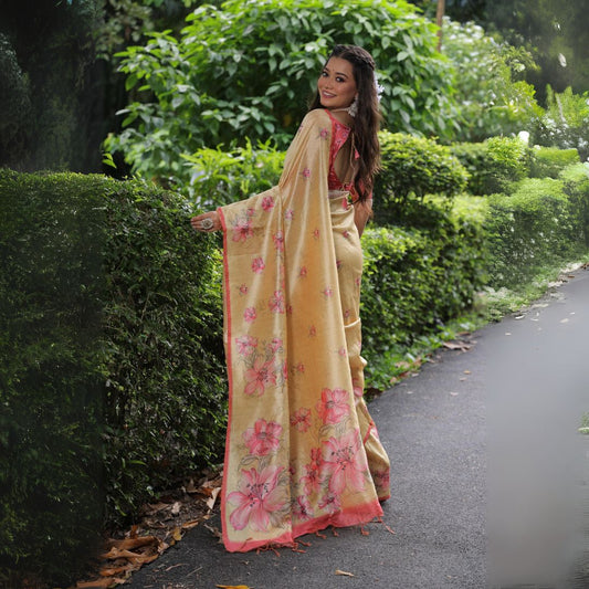 Woman wearing yellowish beige floral print saree standing outdoors in traditional Indian ethnic attire