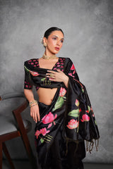 Black Floral Printed Soft Tussar Silk Saree