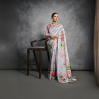 Light Gray Floral Printed Soft Tussar Silk Saree