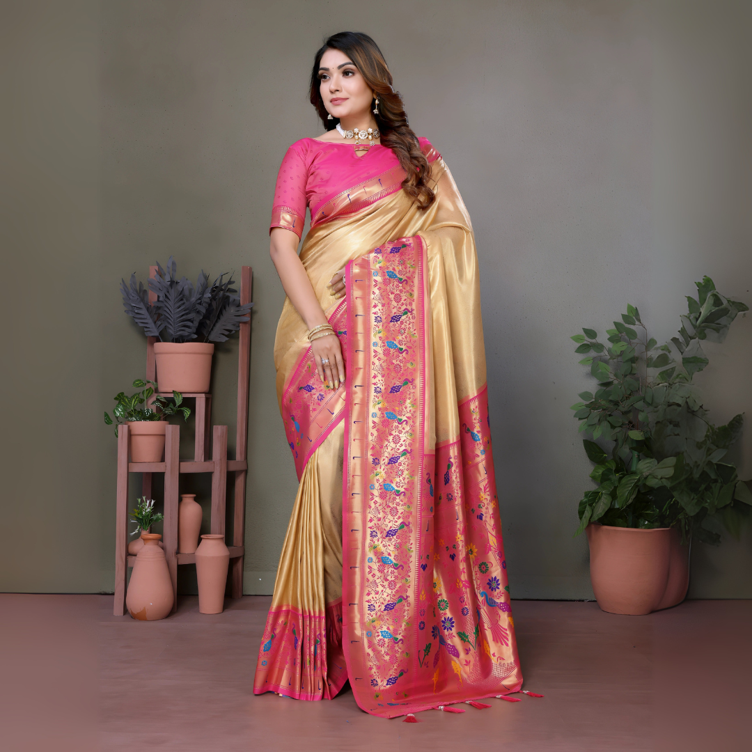 Woman wearing an elegant golden beige silk saree with intricate pink and magenta embroidered border featuring traditional floral motifs, paired with a matching pink blouse and statement gold jewelry including a choker necklace. She poses gracefully in a modern studio setting decorated with various terracotta clay pots of different sizes arranged on wooden stands, complemented by lush green potted plants against a neutral beige backdrop.