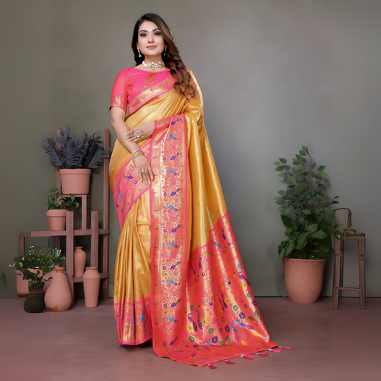 Woman wearing a golden silk saree with a vibrant pink floral embroidered border and multicolor motifs, paired with a matching pink blouse and gold jewelry including a choker necklace, bangles, and rings. She poses gracefully in a modern studio decorated with potted green plants and pastel terracotta vases on wooden stands against a neutral background.