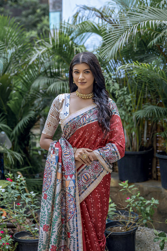 Woman wearing a green saree with intricate white tribal-inspired prints and a multicolor pallu featuring circular and geometric patterns, standing gracefully in a lush outdoor garden surrounded by tropical plants.