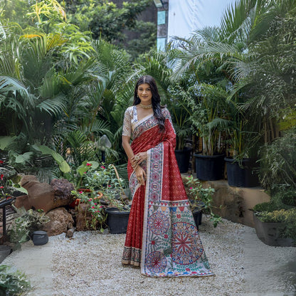 Woman wearing a green saree with intricate white tribal-inspired prints and a multicolor pallu featuring circular and geometric patterns, standing gracefully in a lush outdoor garden surrounded by tropical plants.