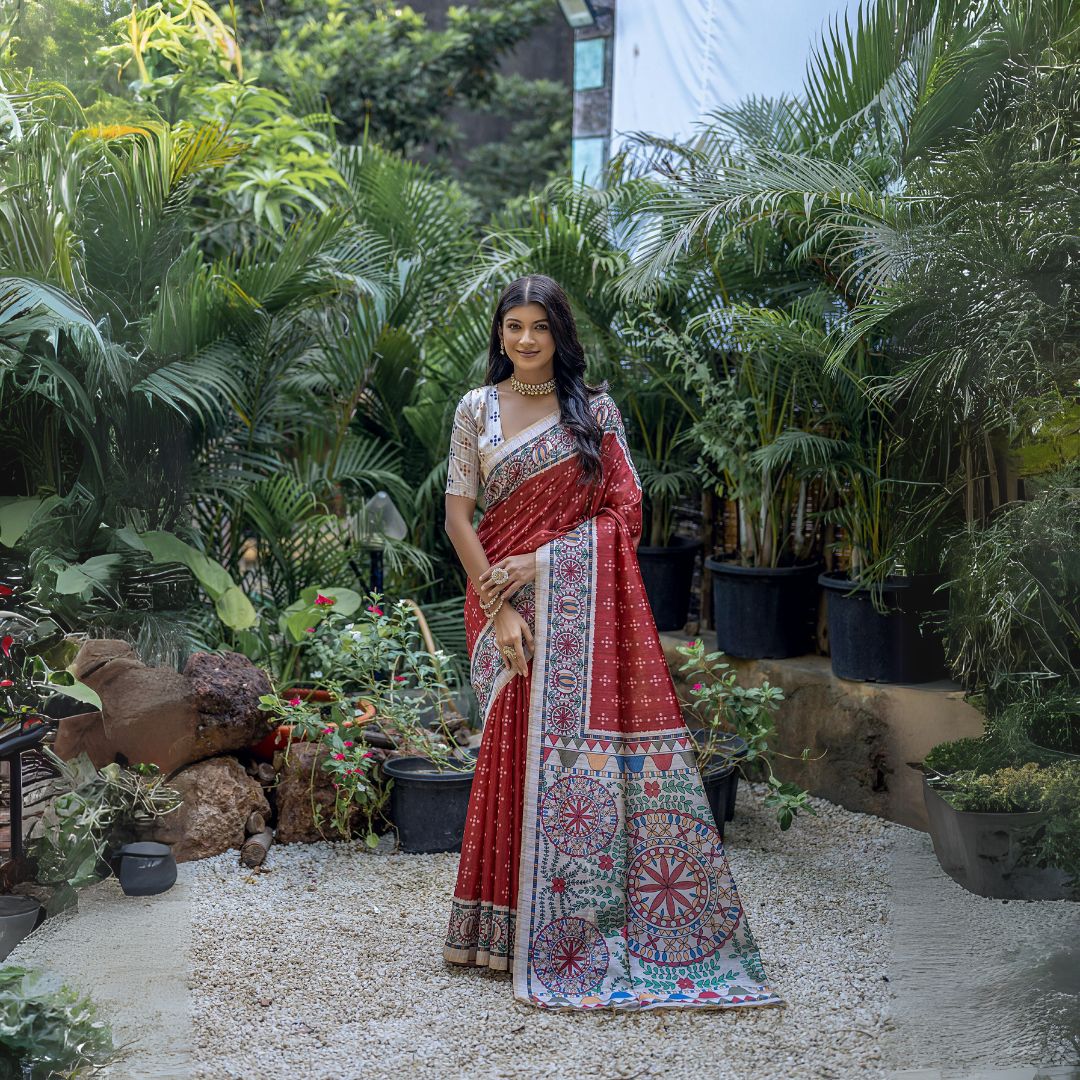 A woman models a vibrant Terracotta Red Tussar Silk Saree with small scattered prints. The pallu features a wide, elaborate panel with intricate Madhubani-style folk art prints in white, red, blue, and green. She wears a cream/gold embellished blouse and a gold Kundan necklace.