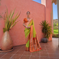 Green & Orange Zari Woven Pallu Soft Banarasi Silk Saree