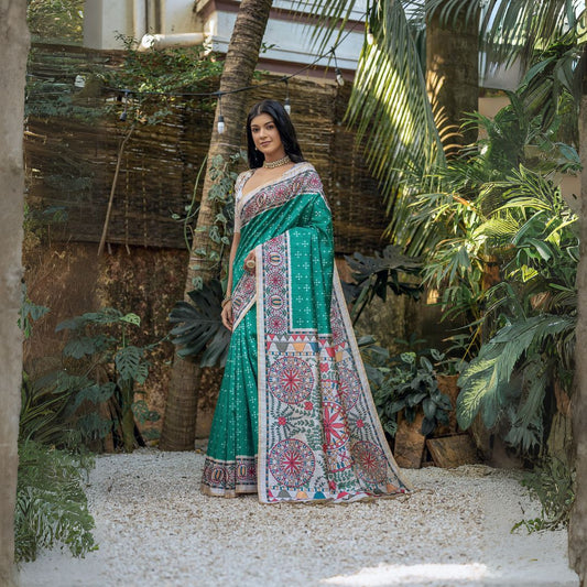 Woman wearing a green saree with intricate white tribal-inspired prints and a multicolor pallu featuring circular and geometric patterns, standing gracefully in a lush outdoor garden with tropical plants and natural sunlight.
