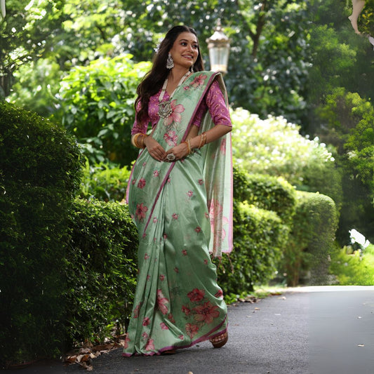 Pastel Sea Green Floral Print Soft Tusar Silk