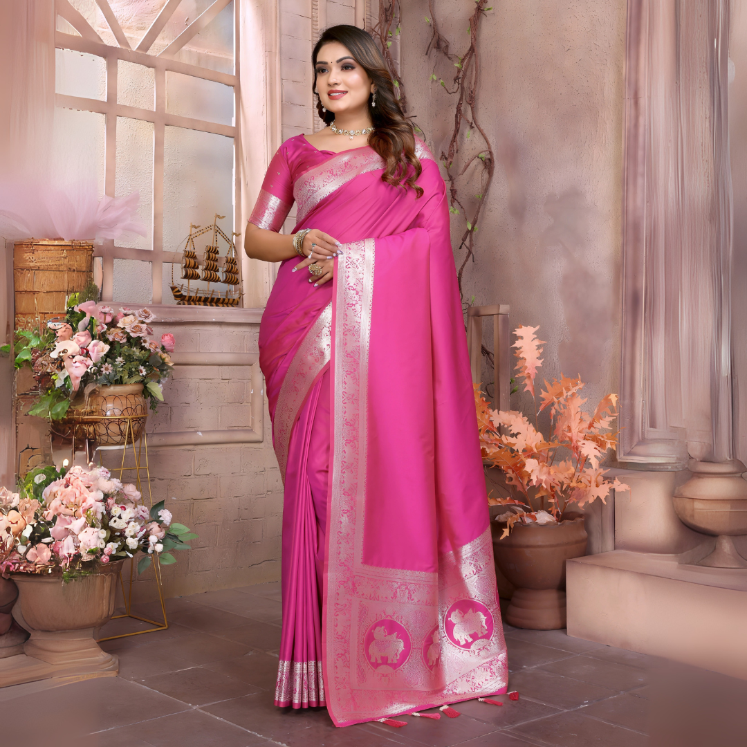 Woman wearing a hot pink silk saree with an ornate silver zari border and intricate pallu motifs, paired with a matching blouse and traditional jewelry, elegantly posing beside a window in a classic floral-themed studio with decorative vases and pastel-toned decor.