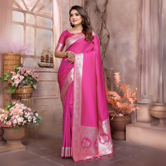 Woman wearing a hot pink silk saree with an ornate silver zari border and intricate pallu motifs, paired with a matching blouse and traditional jewelry, elegantly posing beside a window in a classic floral-themed studio with decorative vases and pastel-toned decor.