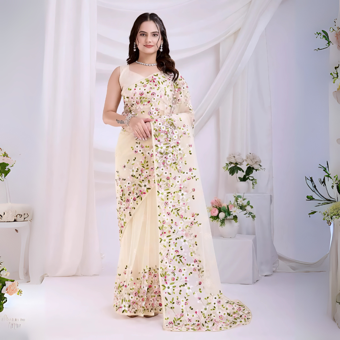 Woman wearing an ivory net saree with intricate pink and green floral embroidery and a matching sleeveless blouse, posing in a modern white studio decorated with draped curtains and fresh floral arrangements